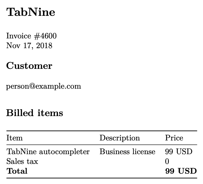 example invoice that looks like a typical LaTeX document